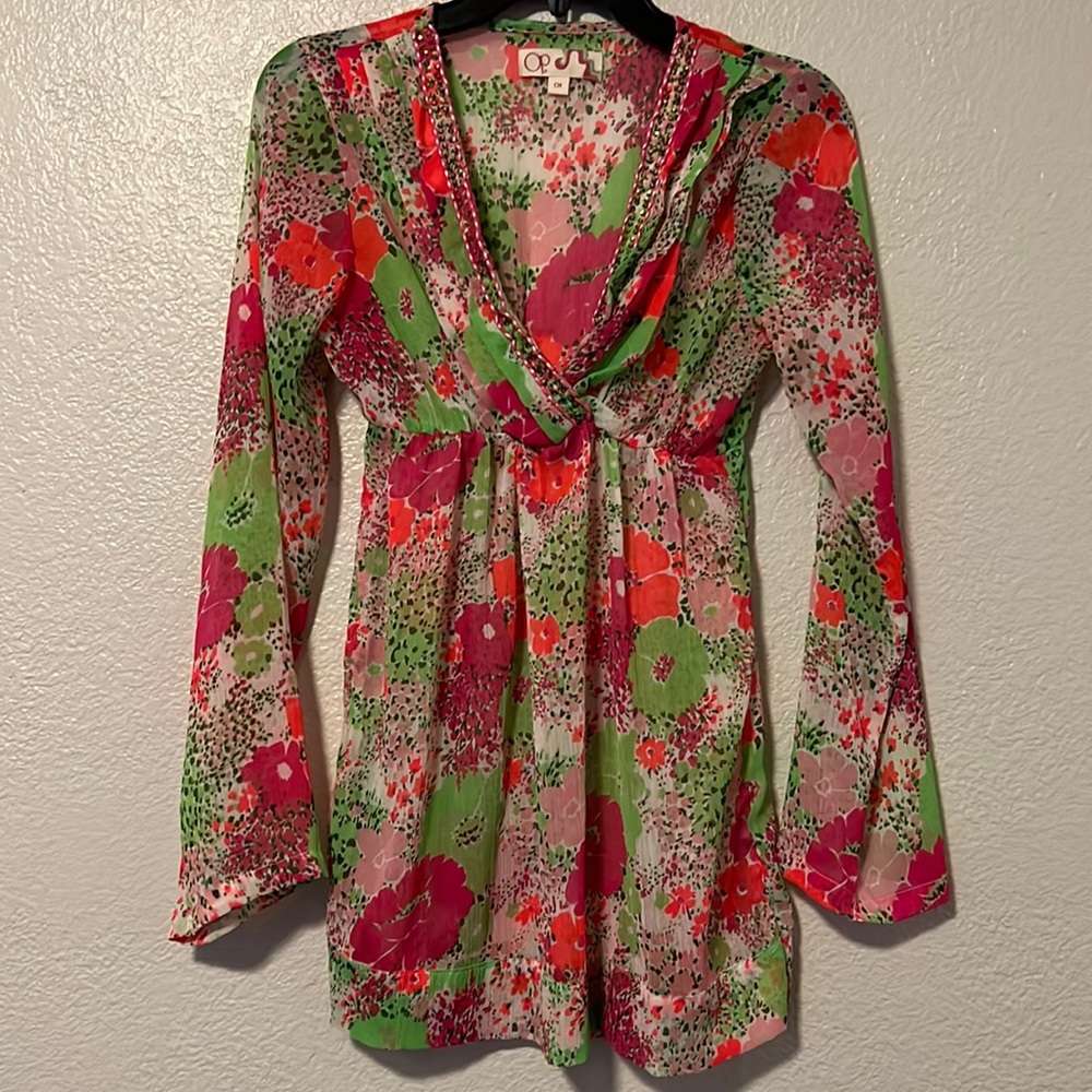 OP Y2K Neon BeJeweled Floral Swimsuit Cover-Up or Sheer Dress/Long Top